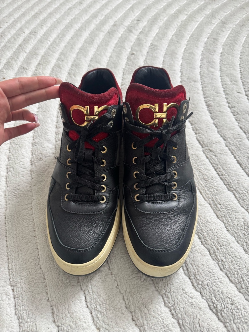 Salvatore Ferragamo Black and Burgundy High-Top Sneakers with Gold Logo